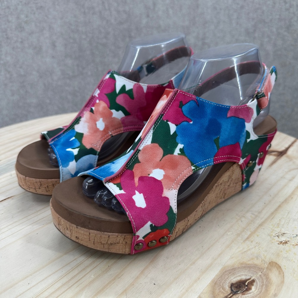 Corkys Carley Wedge Sandals Womens 8 Multicolor Floral Studded Cork Platform - Picture 2 of 12